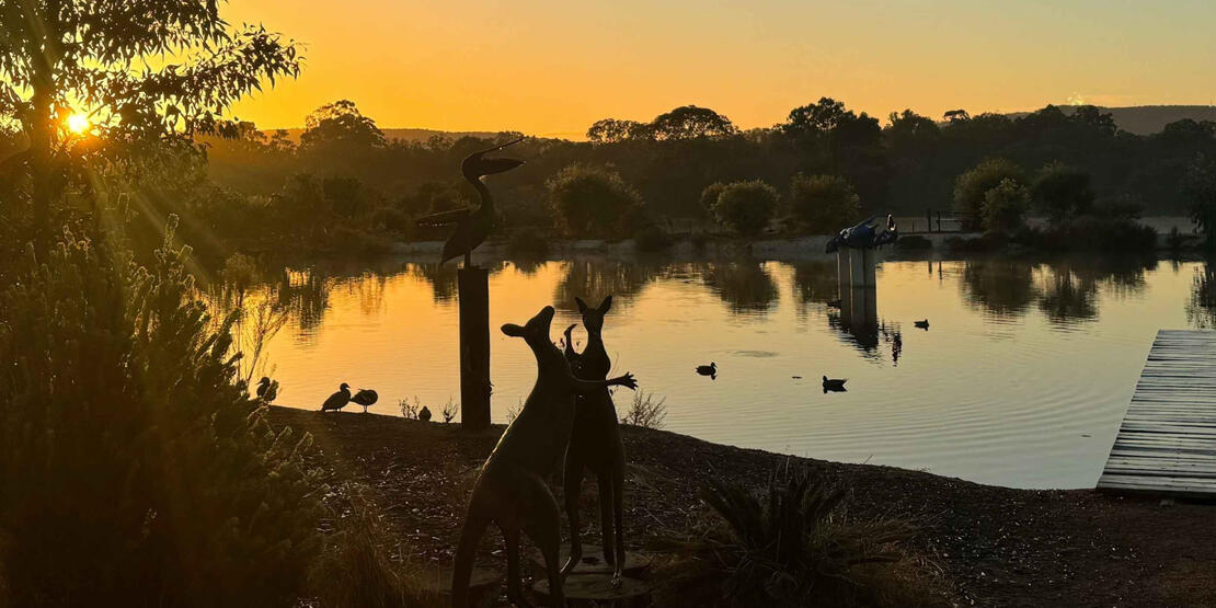 Sunrise over the marron lake at Swan Valley Station nursery, cafe and gift shop